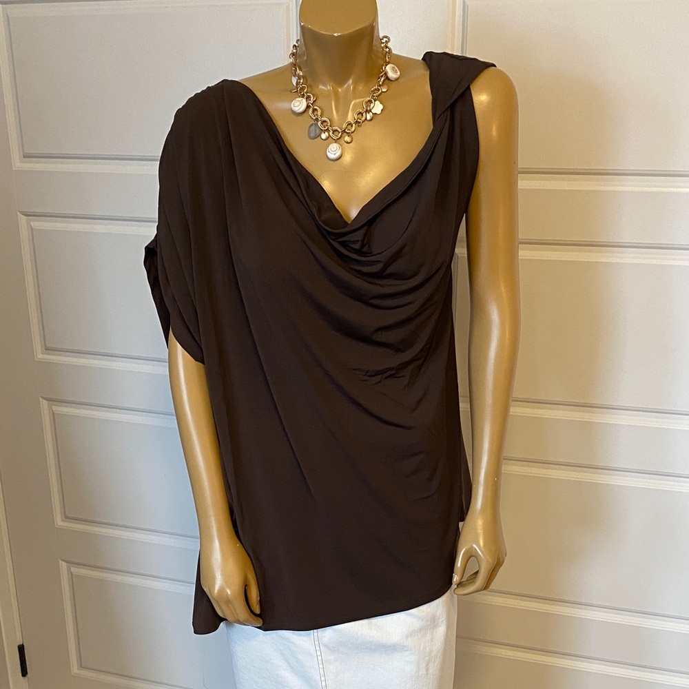 Beautiful Penn chocolate brown top with 1 shoulder twist / 1 cape like, stretchy